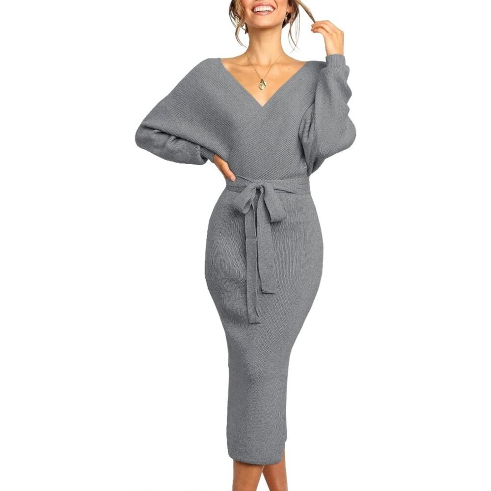 Women's Sweater Dress Wrap Batwing V Neck Slit Bodycon Dress Valentine Grey